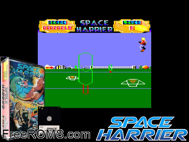 Space Harrier (UK) (1986) [t1] Amstrad CPC game showing 3D box cover and gameplay screenshot